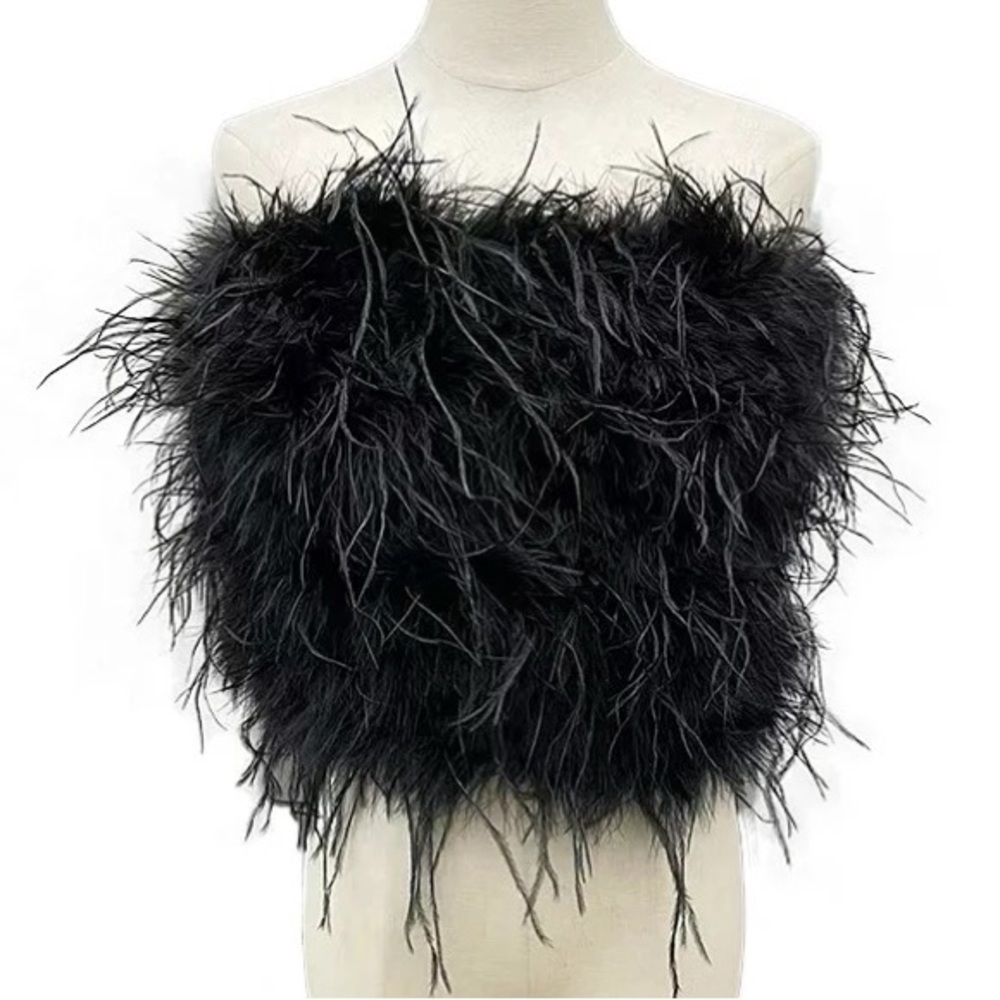 Black Ostrich Feather Crop Top - 12” Length - NWT